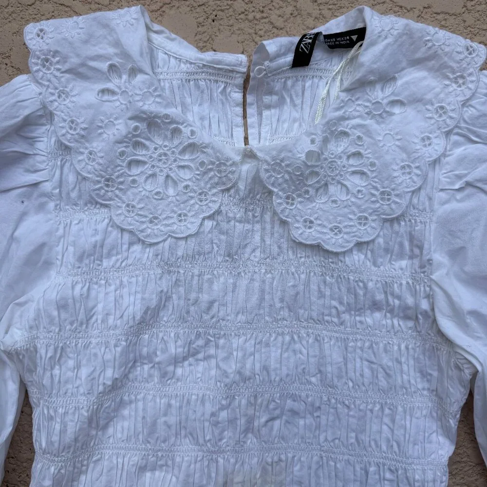 Zara White Smocked Top With Lace -Trimmed Collar Puff Sleeve